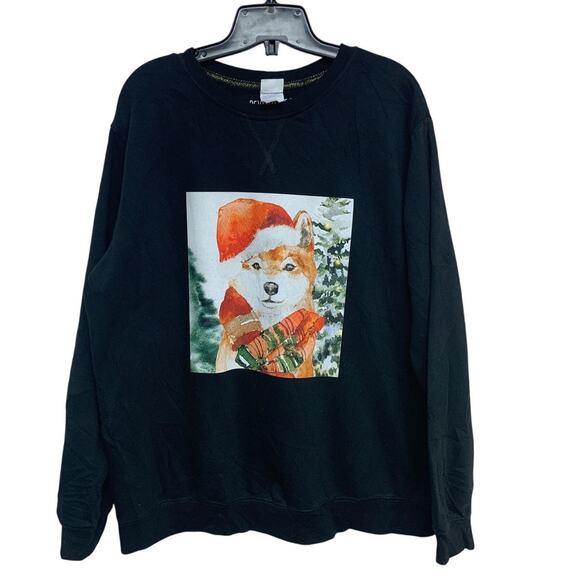 Upcycled Hand Printed Womens XL Christmas Santa Dog Long Sleeve Sweatshirt - Picture 1 of 4